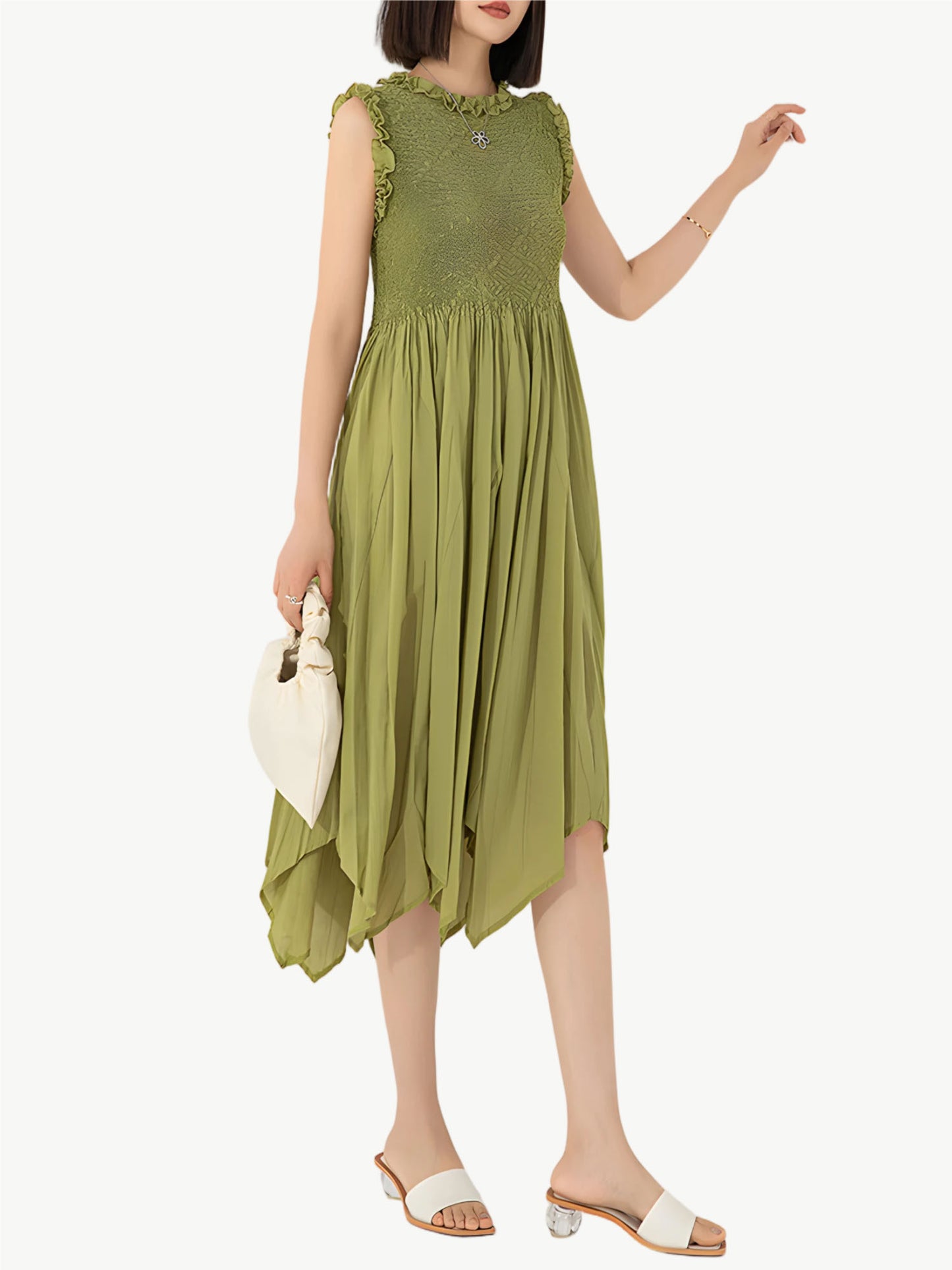 YUREINE Versa Olivfarbenes Gekrepptes Midi-Kleid