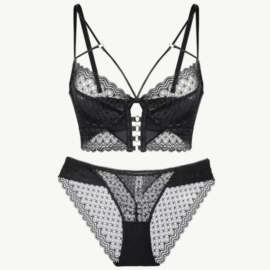 YUREINE Geometric Lace Longline Lingerie Set