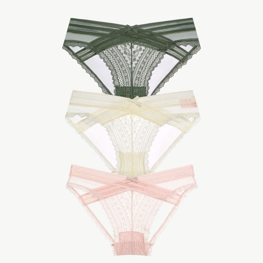 YUREINE Delicate Lace Mesh Panty Trio (Pink-Cream-Green)