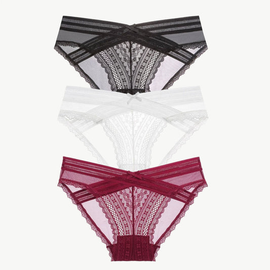 YUREINE Delicate Lace Mesh Panty Trio (Black-Red-White)