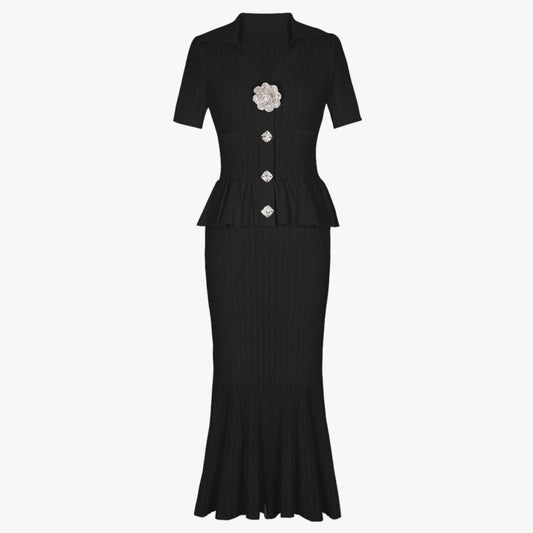 YUREINE Maillé Black Knit Peplum Dress