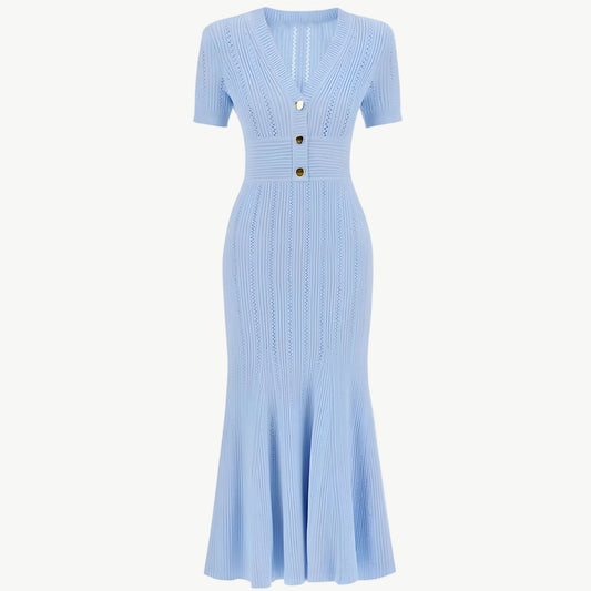 YUREINE Maillé Flared Knit Midi Dress in Light Blue