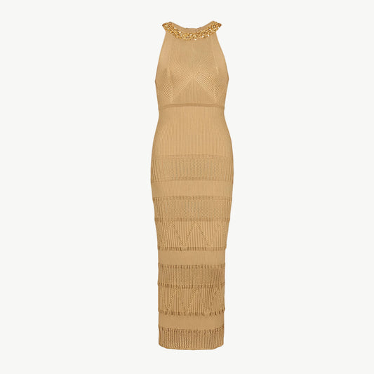 YUREINE Maillé Textured Halter Midi Dress in Beige
