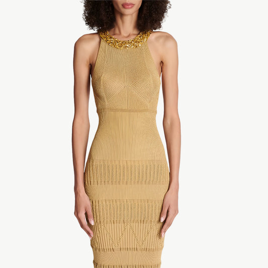 YUREINE Maillé Textured Halter Midi Dress in Beige