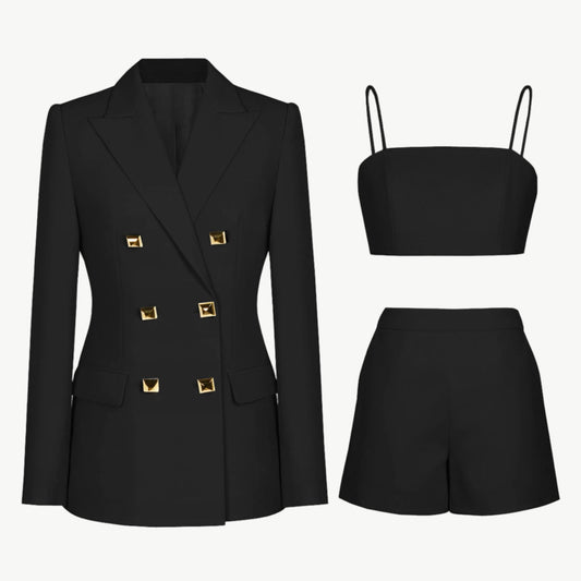 YUREINE Elegant Black Three-Piece Suit Set with Gold Studs